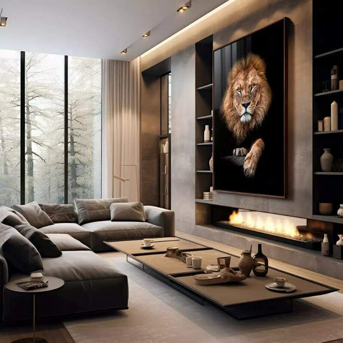 Quadro Decorativo O Leão Majestoso: Aura de Poder - quadros decorativos para sala 1 Tela Vertical, 3 Telas - em living room premium