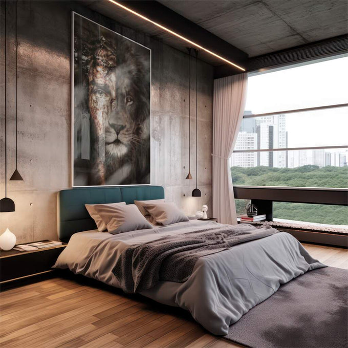Quadro Decorativo Jesus e o Leão: Inspire Fé e Coragem - quadros decorativos 1 Tela Vertical, 3 Telas - em sala moderna