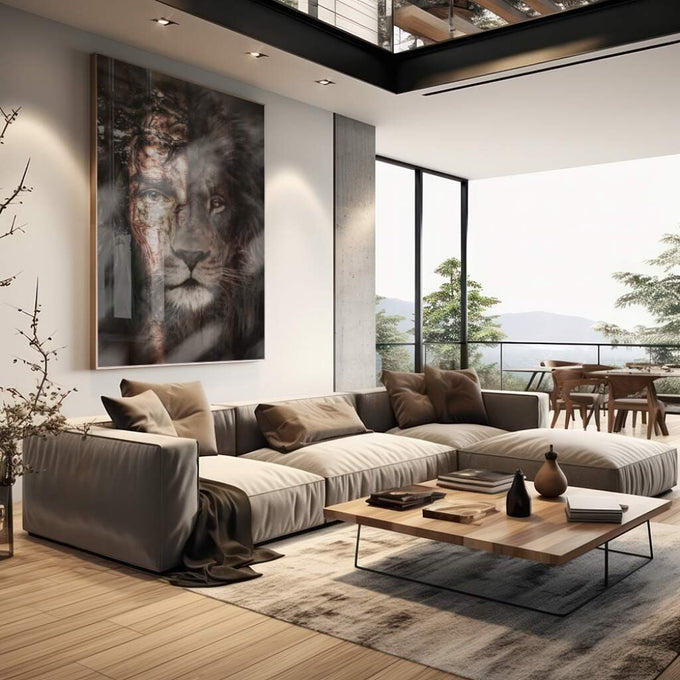 Quadro Decorativo Jesus e o Leão: Inspire Fé e Coragem - quadros decorativos para sala 1 Tela Vertical, 3 Telas - em quarto contemporaneo