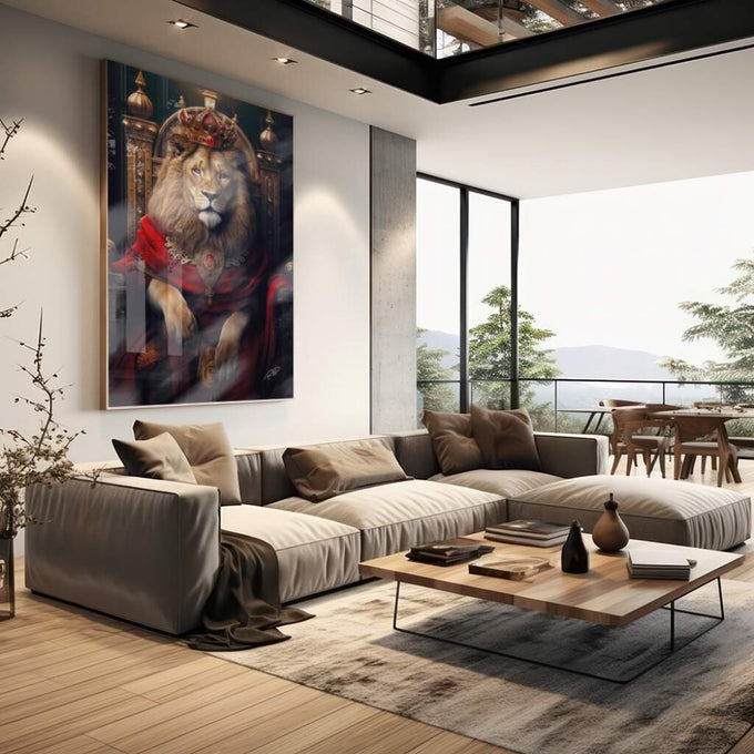 Quadro Decorativo Leão Majestoso: Realeza Animal - quadros decorativos para sala 1 Tela Vertical, 3 Telas - em living room premium