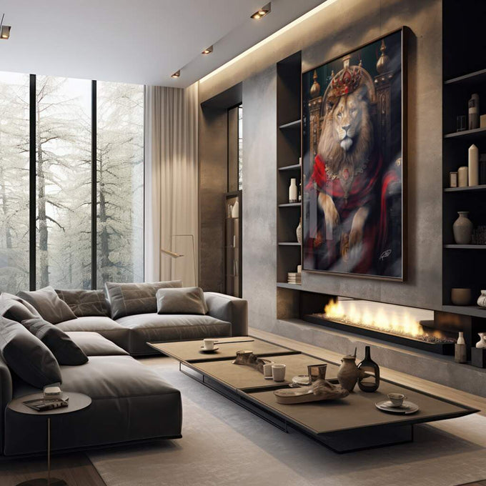 Quadro Decorativo Leão Majestoso: Realeza Animal - quadros decorativos 1 Tela Vertical, 3 Telas - em sala moderna