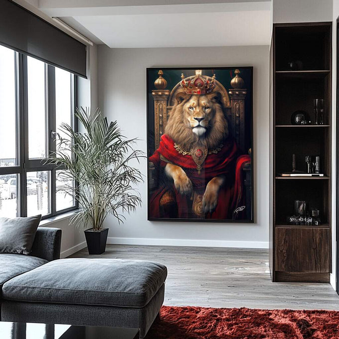 Quadro Decorativo Leão Majestoso: Realeza Animal - quadros decorativos para sala 1 Tela Vertical, 3 Telas - em ambiente decorado