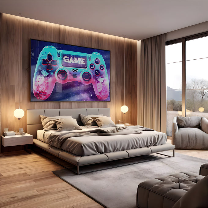 Controle de videogame neon azul e rosa com a palavra GAME sobre galáxia estrelada, quadro decorativo