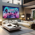 Controle de videogame neon azul e rosa com a palavra GAME sobre galáxia estrelada, quadro decorativo