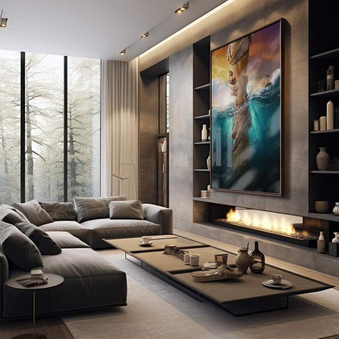 Quadro Decorativo: O Chamado do Oceano - Toque de Azul - quadros decorativos 1 Tela Vertical, 3 Telas - em sala moderna
