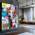 Einstein segurando placa Love Is the Answer sobre fundo grafite colorido em pop art, quadro decorativo