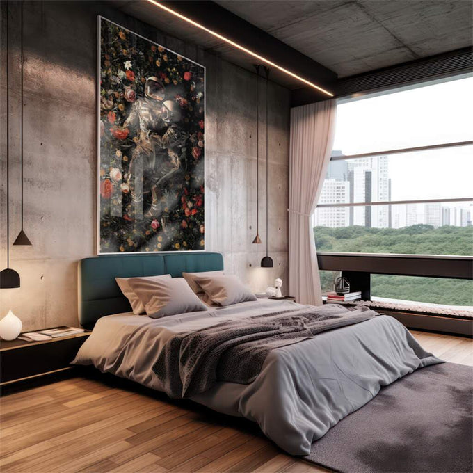 Quadro Decorativo Amor Cósmico: União Astral e Flores - quadros decorativos 1 Tela Vertical, 3 Telas - em escritorio elegante