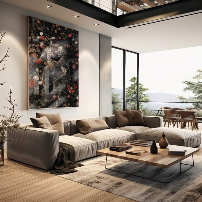 Quadro Decorativo Amor Cósmico: União Astral e Flores - quadros decorativos para sala 1 Tela Vertical, 3 Telas - em living room premium