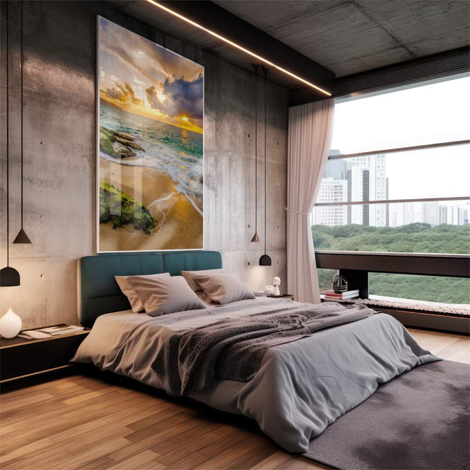 Quadro Decorativo Pôr do Sol: Praia Serena e Céu Vibrante - quadros decorativos 1 Tela Vertical, 3 Telas - em sala moderna