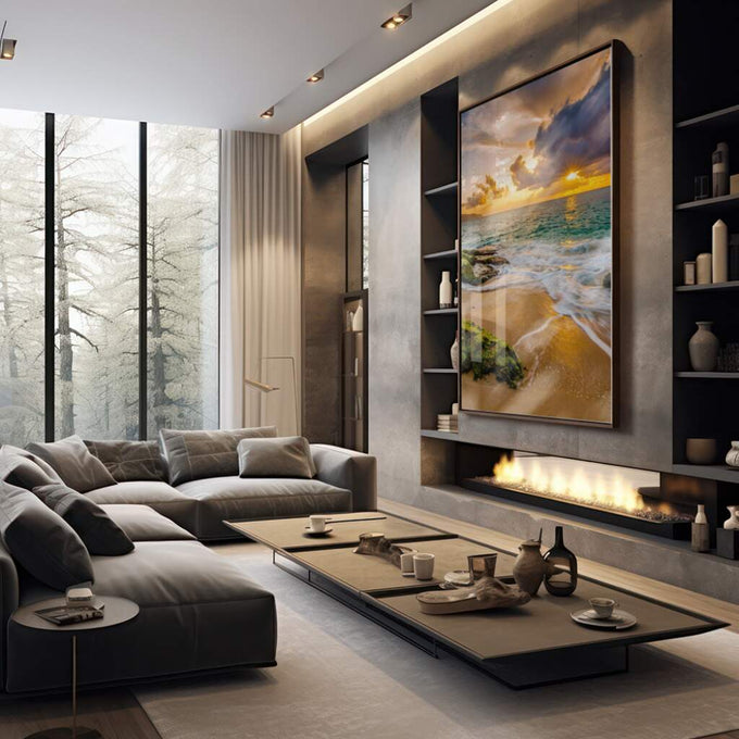 Quadro Decorativo Pôr do Sol: Praia Serena e Céu Vibrante - quadros decorativos para sala 1 Tela Vertical, 3 Telas - em quarto contemporaneo