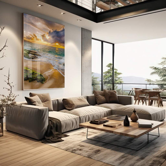 Quadro Decorativo Pôr do Sol: Praia Serena e Céu Vibrante - quadros decorativos 1 Tela Vertical, 3 Telas - em escritorio elegante