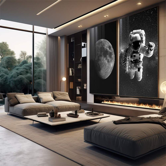 Quadro Decorativo Explorador Lunar: Desperte sua Imaginação - quadros decorativos para sala 2 Telas, arte geométrica - em quarto contemporaneo