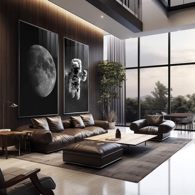 Quadro Decorativo Explorador Lunar: Desperte sua Imaginação - quadros decorativos 2 Telas, arte geométrica - em escritorio elegante