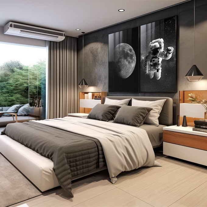 Quadro Decorativo Explorador Lunar: Desperte sua Imaginação - quadros decorativos 2 Telas, arte geométrica - em sala moderna