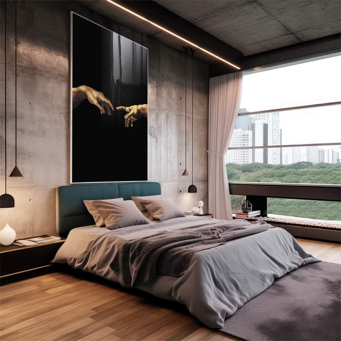 Quadro Decorativo Criação de Adão - Toque Divino Vibrante - quadros decorativos para sala 1 Tela Vertical, 3 Telas - em quarto contemporaneo