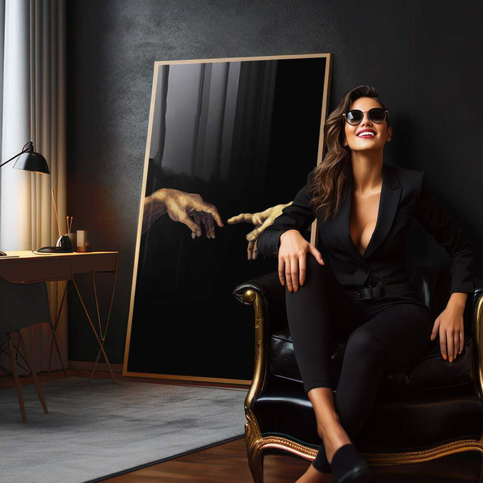 Quadro Decorativo Criação de Adão - Toque Divino Vibrante - quadros decorativos 1 Tela Vertical, 3 Telas - em sala moderna