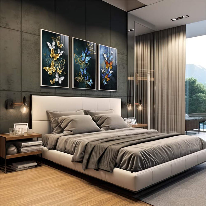 Quadro Decorativo Fascinante Renovação - Dança das Borboletas - quadros decorativos para sala 1 Tela Vertical, 3 Telas - em living room premium