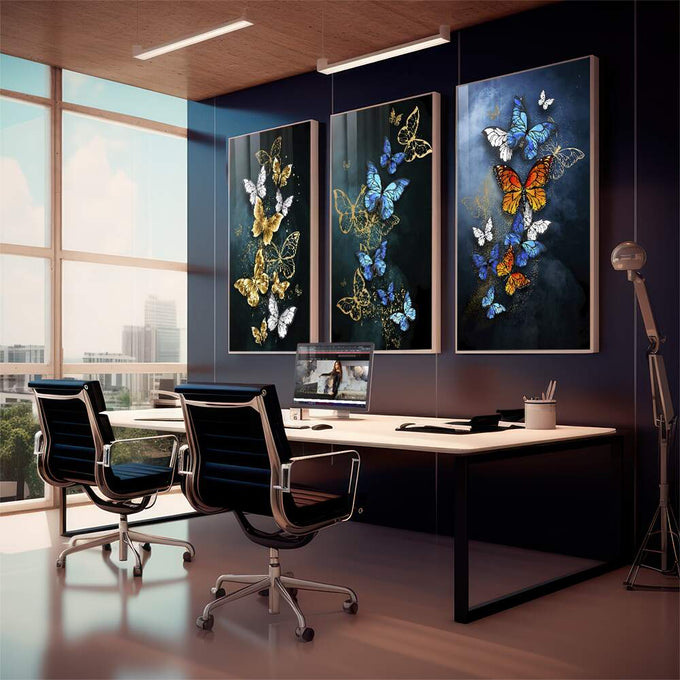 Quadro Decorativo Fascinante Renovação - Dança das Borboletas - quadros decorativos 1 Tela Vertical, 3 Telas - em sala moderna