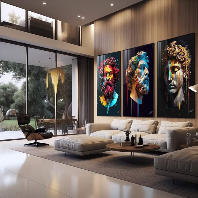 Quadro Decorativo Essência Clássica: Bustos Gregos Coloridos - quadros decorativos para sala 1 Tela Vertical, 3 Telas - em quarto contemporaneo