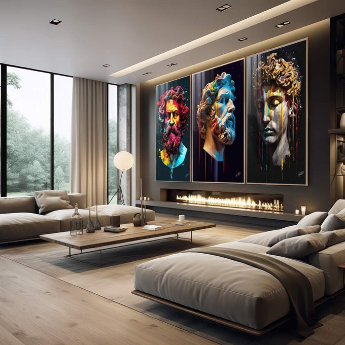 Quadro Decorativo Essência Clássica: Bustos Gregos Coloridos - quadros decorativos 1 Tela Vertical, 3 Telas - em escritorio elegante