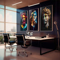 Quadro Decorativo Essência Clássica: Bustos Gregos Coloridos - quadros decorativos 1 Tela Vertical, 3 Telas - em sala moderna