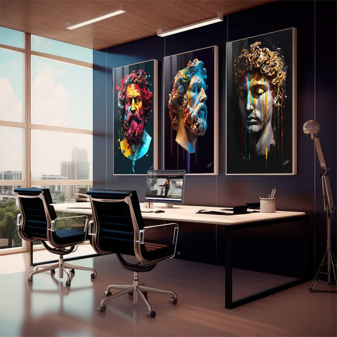 Quadro Decorativo Essência Clássica: Bustos Gregos Coloridos - quadros decorativos 1 Tela Vertical, 3 Telas - em sala moderna