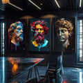 Quadro Decorativo Essência Clássica: Bustos Gregos Coloridos - quadros decorativos para sala 1 Tela Vertical, 3 Telas - em ambiente decorado