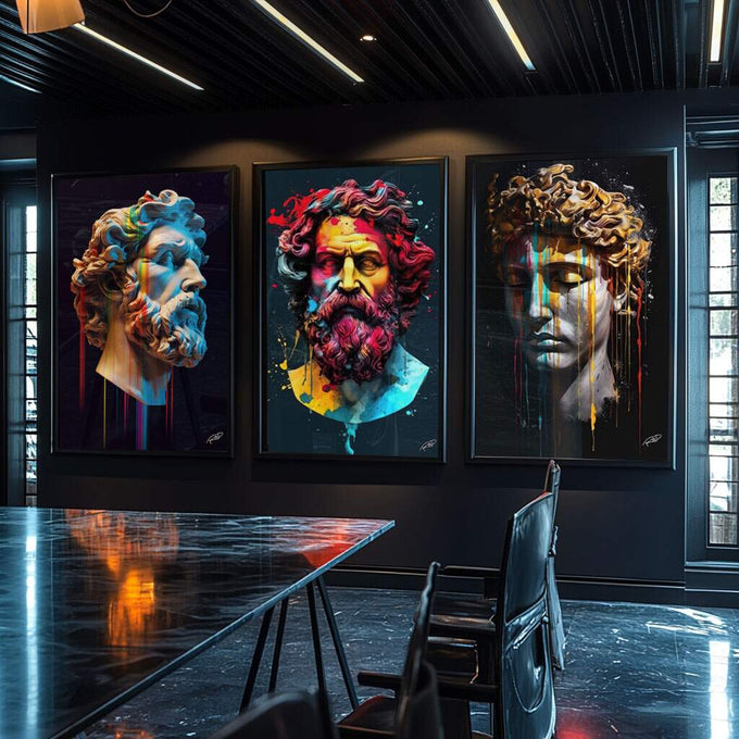 Quadro Decorativo Essência Clássica: Bustos Gregos Coloridos - quadros decorativos para sala 1 Tela Vertical, 3 Telas - em ambiente decorado