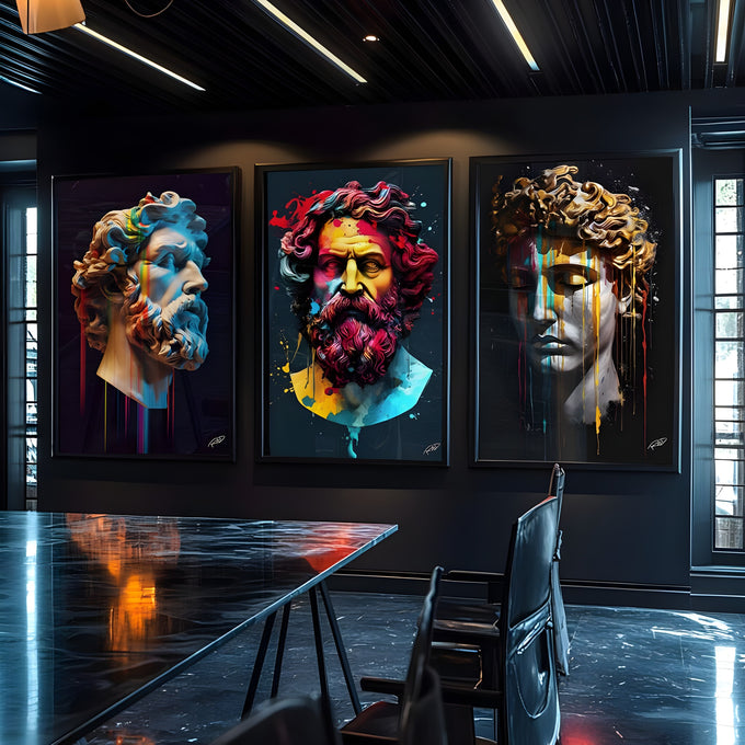 Três bustos gregos clássicos com tinta escorrida neon e dourada sobre fundo preto, quadro decorativo