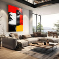 Rosto de mulher de olhos fechados em blocos geométricos vermelho, preto, branco e amarelo, quadro decorativo