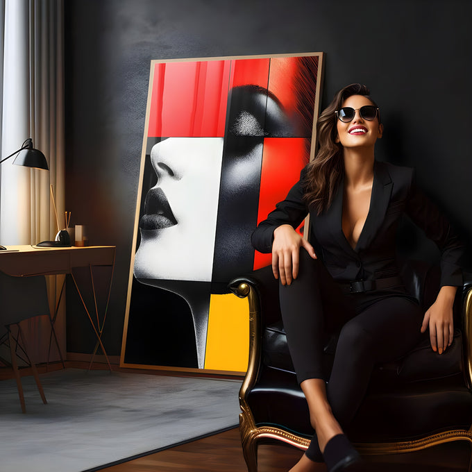 Rosto de mulher de olhos fechados em blocos geométricos vermelho, preto, branco e amarelo, quadro decorativo