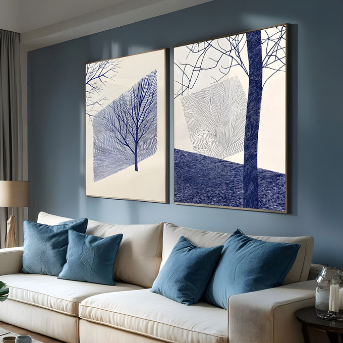 Duas telas com árvores secas em linhas azul marinho e formas geométricas sobre creme, quadro decorativo