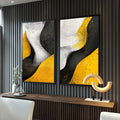 Quadro Decorativo Abstração em Ponto - Preto, Branco e Amarelo - quadros decorativos para sala 2 Telas, abstrato - em ambiente decorado