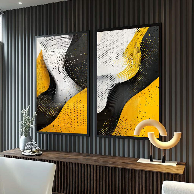 Quadro Decorativo Abstração em Ponto - Preto, Branco e Amarelo - quadros decorativos para sala 2 Telas, abstrato - em ambiente decorado