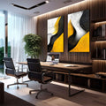Quadro Decorativo Abstração em Ponto - Preto, Branco e Amarelo - quadros decorativos 2 Telas, abstrato - em sala moderna