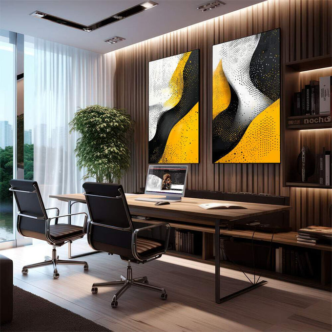 Quadro Decorativo Abstração em Ponto - Preto, Branco e Amarelo - quadros decorativos 2 Telas, abstrato - em sala moderna