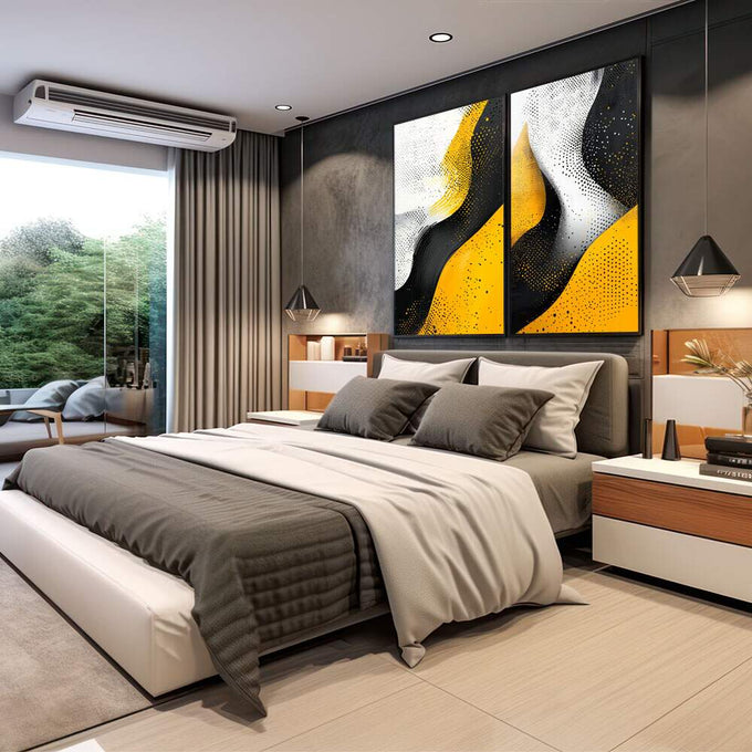 Quadro Decorativo Abstração em Ponto - Preto, Branco e Amarelo - quadros decorativos para sala 2 Telas, abstrato - em quarto contemporaneo