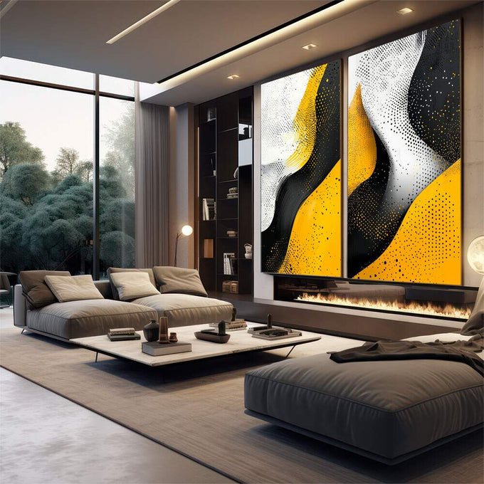 Quadro Decorativo Abstração em Ponto - Preto, Branco e Amarelo - quadros decorativos 2 Telas, abstrato - em escritorio elegante