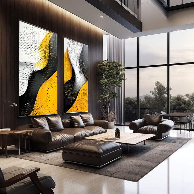 Quadro Decorativo Abstração em Ponto - Preto, Branco e Amarelo - quadros decorativos para sala 2 Telas, abstrato - em living room premium