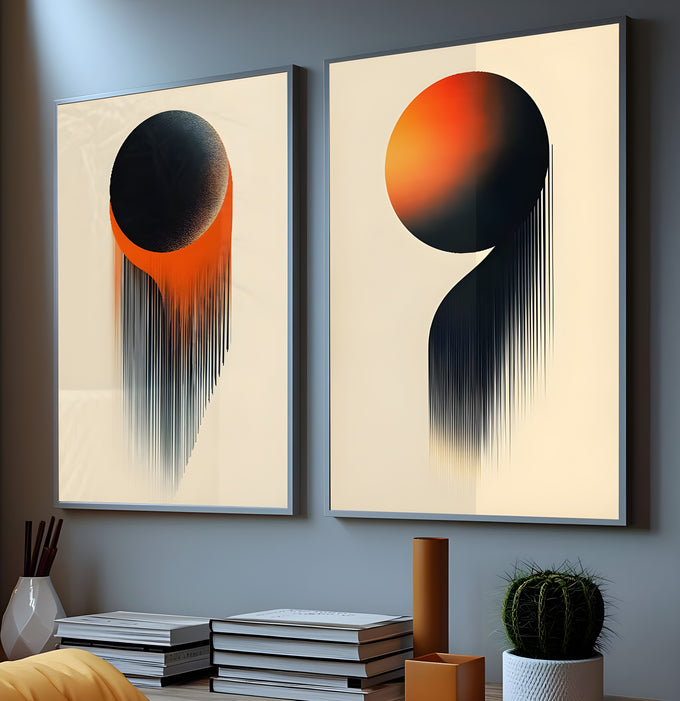 Díptico abstrato com esferas laranja e preta e linhas verticais sobre fundo bege, quadro decorativo