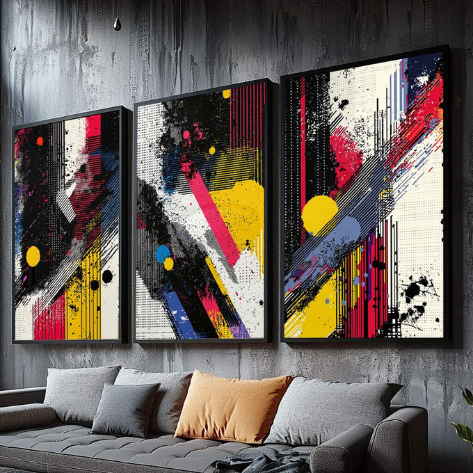 Quadro Decorativo Arte Abstrata - Linhas Dinâmicas e Cores Impactantes - quadros decorativos para sala 1 Tela Vertical, 3 Telas - em ambiente decorado