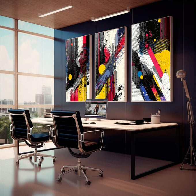 Quadro Decorativo Arte Abstrata - Linhas Dinâmicas e Cores Impactantes - quadros decorativos para sala 1 Tela Vertical, 3 Telas - em living room premium