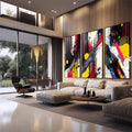 Quadro Decorativo Arte Abstrata - Linhas Dinâmicas e Cores Impactantes - quadros decorativos 1 Tela Vertical, 3 Telas - em sala moderna