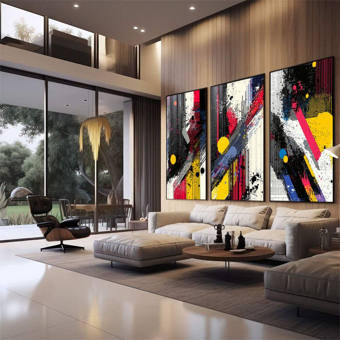 Quadro Decorativo Arte Abstrata - Linhas Dinâmicas e Cores Impactantes - quadros decorativos 1 Tela Vertical, 3 Telas - em sala moderna