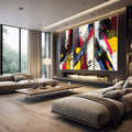 Quadro Decorativo Arte Abstrata - Linhas Dinâmicas e Cores Impactantes - quadros decorativos para sala 1 Tela Vertical, 3 Telas - em quarto contemporaneo