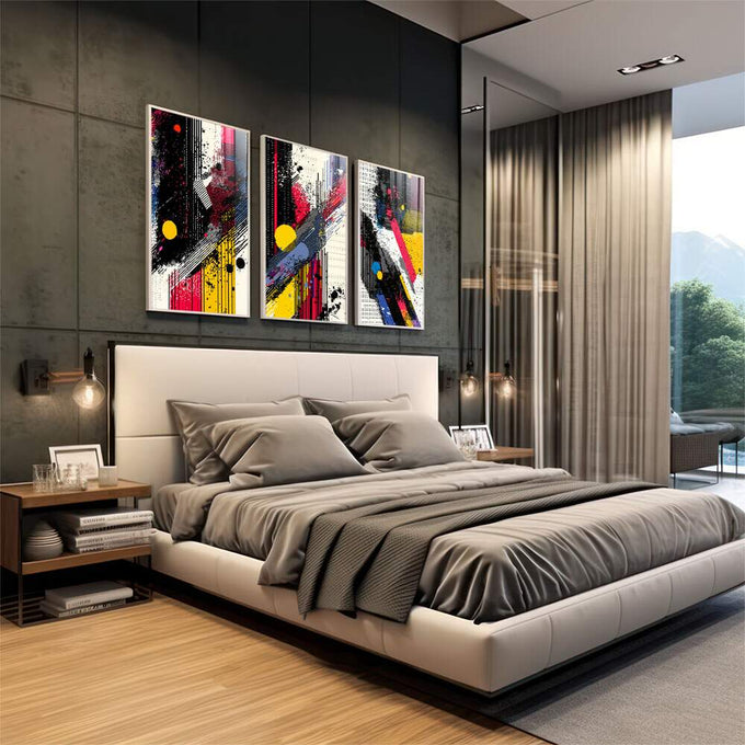 Quadro Decorativo Arte Abstrata - Linhas Dinâmicas e Cores Impactantes - quadros decorativos 1 Tela Vertical, 3 Telas - em escritorio elegante