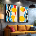 Díptico abstrato com círculos amarelos e ondas azuis e pretas em fundo creme, quadro decorativo