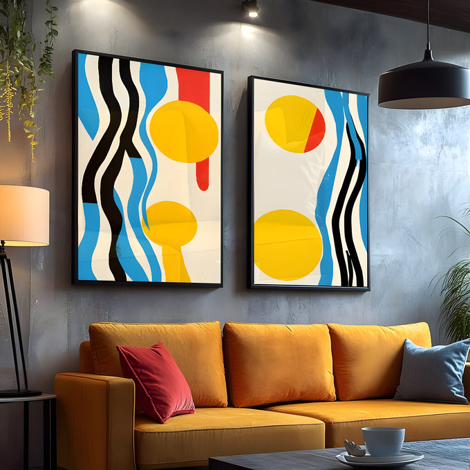 Díptico abstrato com círculos amarelos e ondas azuis e pretas em fundo creme, quadro decorativo