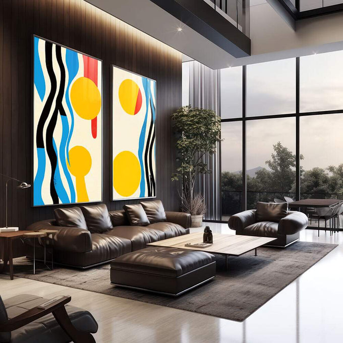 Quadro Decorativo Cores e Formas - Abstração Contemporânea - quadros decorativos para sala 2 Telas, Amarelo - em quarto contemporaneo