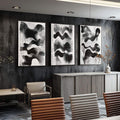 Quadro Decorativo Abstração Geométrica em Preto e Branco - quadros decorativos para sala 1 Tela Vertical, 3 Telas - em ambiente decorado